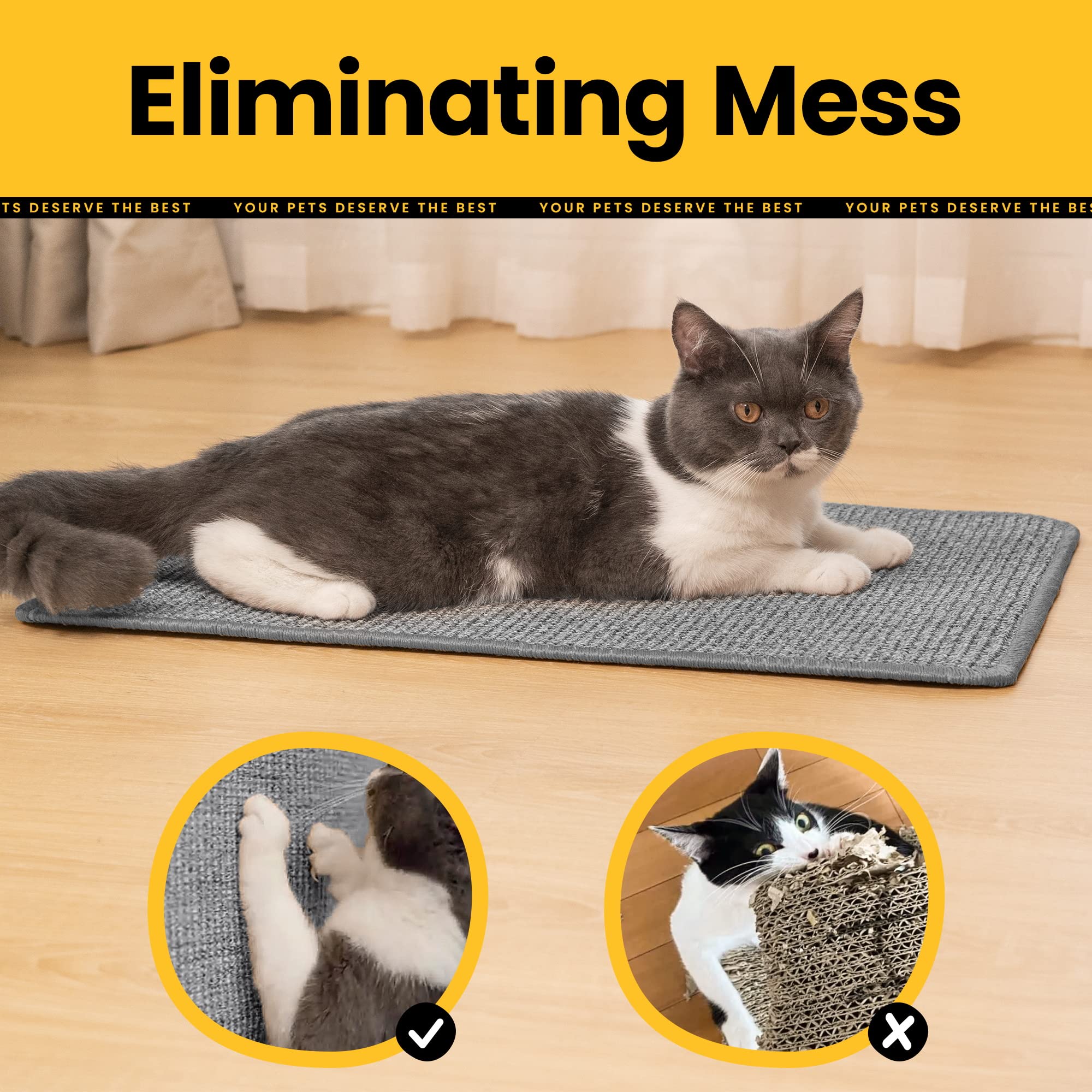 Conlun Cat Scratcher Mat,Natural Sisal Cat Scratch Pad With Hook&Loop Tape,Horizontal Floor Kitty Scratching Pads Rug For Indoor